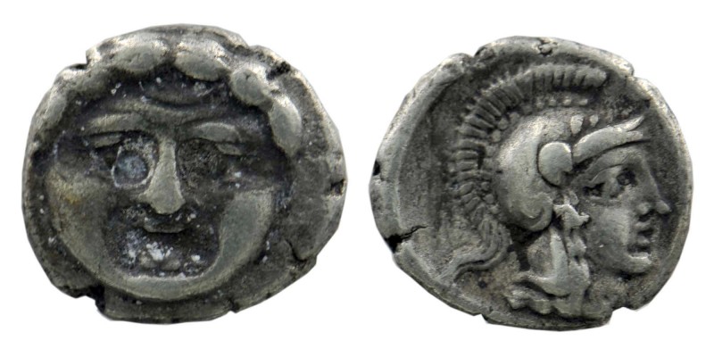 Selge. Pisidia. AR Obol 3rd Century BC.
Obv. Facing head of Gorgoneion.
Rev. Hel...