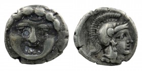 Selge. Pisidia. AR Obol 3rd Century BC.
Obv. Facing head of Gorgoneion.
Rev. Helmeted head of Athena right
SNG BN 1930; SNG PFPS 336.
0,91 gr. 10 mm