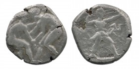Pamphylia, Aspendos AR Stater. Circa 325-250 BC.
Two wrestlers grappling;
Slinger in throwing stance right; to right, triskeles above club.
Tekin S...