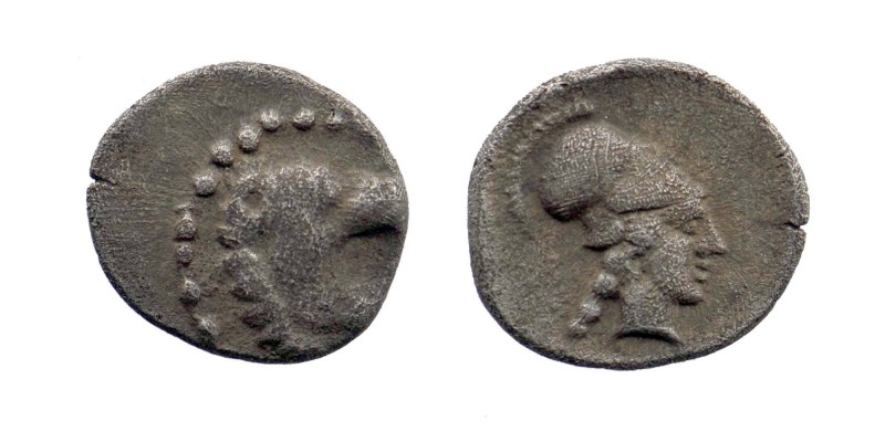 Pamphylia, AR Obol Side ca. 400-380 BC. 
Head of lion right / Helmeted head of A...