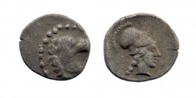 Pamphylia, AR Obol Side ca. 400-380 BC. 
Head of lion right / Helmeted head of Athena right. 
Cf. Atlan 76–81
0,68 gr. 10 mm