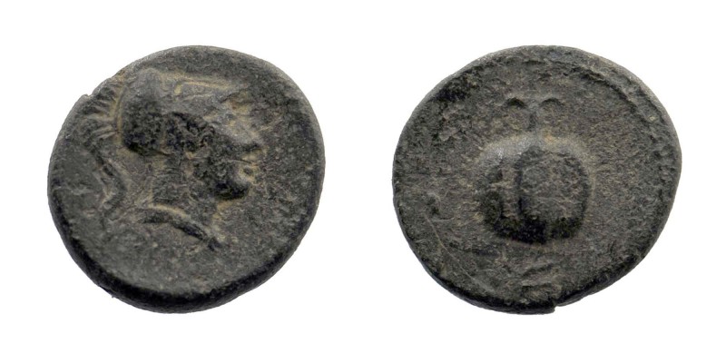 PAMPHYLIA. Side. Ae (1st century BC).
Obv: Pomegranate.
Rev: Helmeted bust of At...