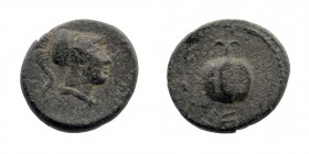 PAMPHYLIA. Side. Ae (1st century BC).
Obv: Pomegranate.
Rev: Helmeted bust of Athena right.
SNG von Aulock 4804.
1,46 gr. 13 mm