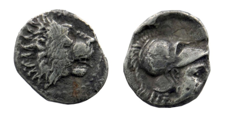 PAMPHYLIA, Side. Circa 3rd-2nd Century BC. AR Obol
Head of roaring lion right 
R...