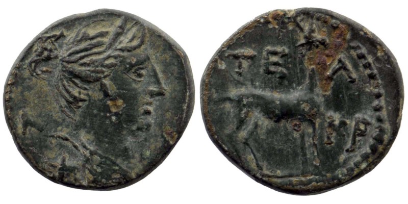 LYCIAN LEAGUE. Circa 27-23 BC AE. Struck for Tlos and Kragos
Head of Artemis rig...