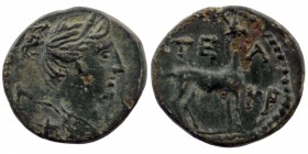 LYCIAN LEAGUE. Circa 27-23 BC AE. Struck for Tlos and Kragos
Head of Artemis right 
Rev: Stag standing right. 
RPC 3319; Troxell, Lycian 185; SNG Cope...