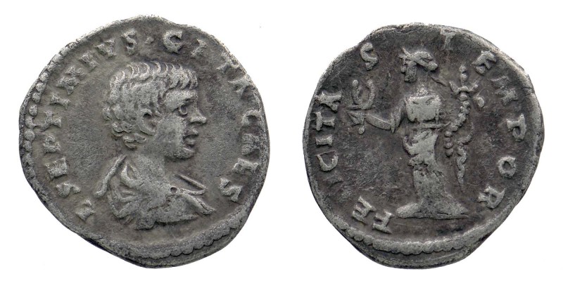 Geta as Caesar AD 197-209. Rome Denarius AR
bare-headed and draped bust right
...