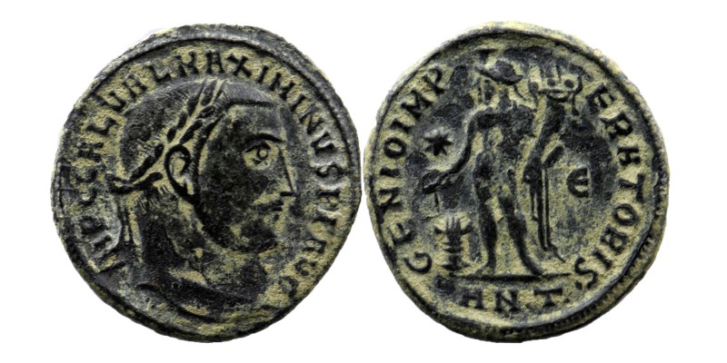 Maximinus II AE Nummus. Antioch, AD 310-311.
laureate head right 
Rev: Genius st...