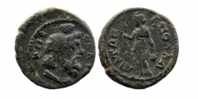 Caria. Apollonia Salbake. Pseudo-autonomous issue AD 193-211. AE
Obv: Draped bust of Serapis right
Rev: Isis standing left, holding sistrum and situla...