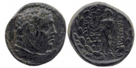 Lydia, Sardes. Pseudo-autonomous issue. Time of Nero (A.D. 54-68). AE 
Obv: Head of Hercules right, with lion skin 
Rev: ΣAΡΔI-ANΩN,. Zeus Lydios stan...