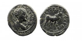 LYDIA. Hierocaesarea. Pseudo-autonomous (2nd century). Ae.
Obv: ΠЄΡСΙΚΗ.
Draped bust of Artemis right, with quiver over shoulder; bow to right.
Rev...