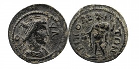 PHRYGIA. Hierapolis. Pseudo-autonomous. Time of Elagabalus (218-222). Ae.
Obv: ΝЄΩΚΟΡΩΝ.
Turreted and draped bust of Tyche right.
Rev: ΙЄΡΑΠΟΛЄΙΤΩΝ.
M...