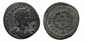 PHRYGIA. Hierapolis. Annia Faustina (Augusta, 221). Ae. 
Obv: ΑΝΝΙΑ ΦΑVСΤЄΙΝΑ СЄΒ. Draped bust right, wearing stephane; c/m: Figure holding uncertain ...