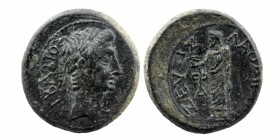 PHRYGIA. Laodicea ad Lycum. Augustus (27 BC-14 AD). Ae. Zeuxis Philalethes, magistrate.
Obv:Bare head right;
Rev: ZEVΞIΣ /ΛAOΔIKEΩN. Zeus stand left h...