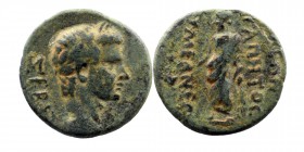 PHRYGIA. Eumenea. Tiberius (14-37). Ae. Kleon Agapetos, magistrate
Obv: ΣΕΒΑΣΤΟΣ.
Laureate head right.
Rev: KΛEΩN AΓAΠHTOΣ / EΥMENEΩN.
Zeus standing l...