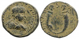 PISIDIA, Antioch. Gallienus. 253-268 AD. AE
Laureate, draped and cuirassed bust right.
Rev: Two cornuacopiae with male heads; grain ear or two palms b...