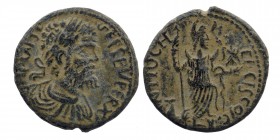 PISIDIA. Antioch. Septimius Severus (193-211). Ae.
Laureate head right. 
Rev: Mên standing facing, head right, holding sceptre and crowning Nike upon ...