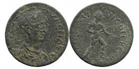Pisidia Cremna. Aurelian, 270-275 Ae
Obv: IMP C S L DOM AVRELIANO Laureate, draped, and cuirassed bust right
Rev: LATO COL CREMNE Apollo Propylaeus ad...