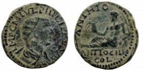 Pisidia, Antioch. Philip I. A.D. 244-249. AE 
Radiate, draped, and cuirassed bust right
Rev: River God Anthios reclining left on urn, holding modius f...