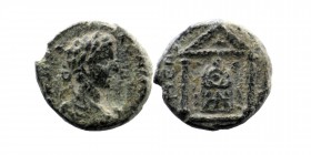 PAMPHYLIA. Perge. Marcus Aurelius (Caesar, 139-161). Ae.
Obv: AVPHΛΙ..
Bareheaded, draped and cuirassed bust right.
Rev: ΠЄPΓAIΩN.
Distyle temple, con...