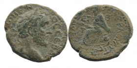 CAPPADOCIA. Tyana. Antoninus Pius (138-161). Ae
Laureate head right.
Rev: Tyche seated left on throne decorated with griffin, holding grain ears and b...