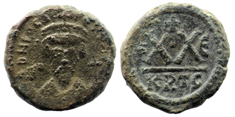 PHOCAS (602-610). Half Follis. Carthage. Dated RY 5.
Obv: M FOCA PЄRP AVG.
Crown...