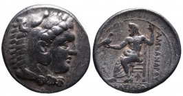 Kings of Macedonia, Alexander III the Great, 336-323 BC, Arados Mint, ca. 324-320 BC.
Head of Herakles wearing lion's scalp right
Zeus seated left, ho...