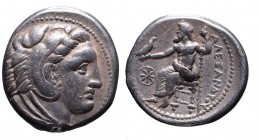 Kings of Macedonia, Alexander III the Great, 336-323 BC, lifetime issue struck under Antipater, Amphipolis Mint, ca. 325-323 BC.
Head of Herakles wear...