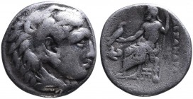 Kings of Macedonia, Alexander III the Great, 336-323 BC, lifetime issue, Abydos Mint, ca. 325-323 BC.
Head of Herakles wearing lion's scalp right
Zeus...