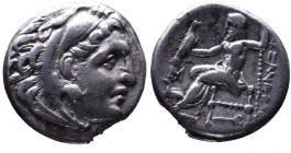 Kings of Macedonia, Alexander III the Great, 336-323 BC, posthumous issue, Abydos Mint, ca. 310-301 BC.
Head of Herakles wearing lion's scalp right
Ze...