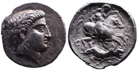 Kings of Paeonia, Patraos 335-315 BC, Damastion (?) Mint.
Laureate head of Apollo right;
Horseman riding right, below fallen enemy raising shield. Aro...