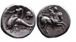 Calabria, Tarentum, Magistrate Aristokles, ca. 272-235 BC.
Nude warrior with spear, shield and two javelins riding horseback right, behind _I, below h...