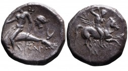 Calabria, Tarentum, Magistrate Aristokles, ca. 272-235 BC.
Nude warrior with spear, shield and two javelins riding horseback right, behind _I, below h...