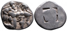 Islands off Thrace, Thasos, ca. 525-463 BC.
Nude Satyr abducting struggling nymph right;
Quadripartite incuse square.
SNG COP 1007-1012. Very fine. Si...