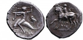 Calabria, Tarentum, Magistrates Lykinos and Sy-, ca. 280-272 BC.
Nude warrior with spear, shield and two javelins riding horseback right, behind monog...