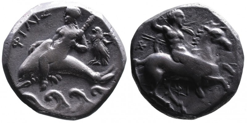Calabria, Tarentum, Magistrates Filis- and Ar-, ca. 334-302 BC.
Nude youth on th...