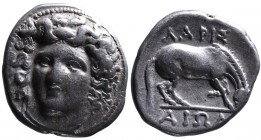 Thessaly, Larissa, ca. 395-344 BC
Head of nymph Larissa, facing but slightly to left;
Grazing horse right. Above and below _API_AIﾽN.
SNG COP 120-122....