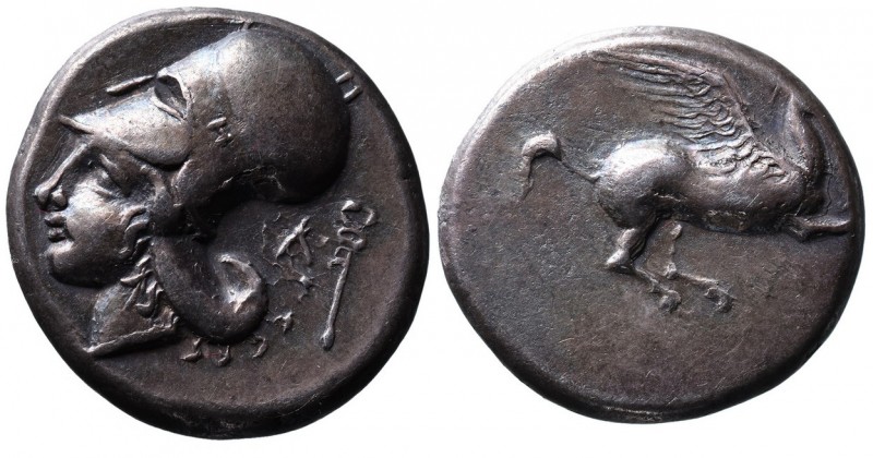 Akarnania, Leukas, ca. 400-330 BC.
Pegasus flying right, below _;
Head of Athena...