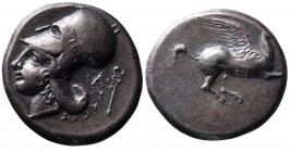 Akarnania, Leukas, ca. 400-330 BC.
Pegasus flying right, below _;
Head of Athena in corinthian helmet left, behind head _ and caduceus
BMC 56.Toned. E...