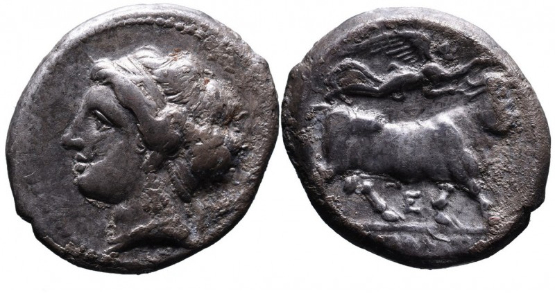 Campania, Neapolis, ca. 275-250 BC.
Head of nymph wearing headband and earrings ...