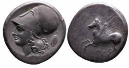 Akarnania, Argos Amphilochikon, ca. 330-280 BC.
Pegasus flying left, below A;
Head of Athena in corinthian helmet left, behind head oval shield with s...