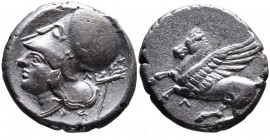 Akarnania, Leukas, ca. 320-280 BC.
Pegasus flying left, below _;
Head of Athena in corinthian helmet left, behind head _ and mast with wreath. Uncerta...