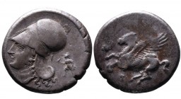 Corinthia, Corinth, ca. 375-300 BC.
Pegasus flying left, below q (koppa);
Head of Athena in corinthian helmet left, to the right Artemis running left ...