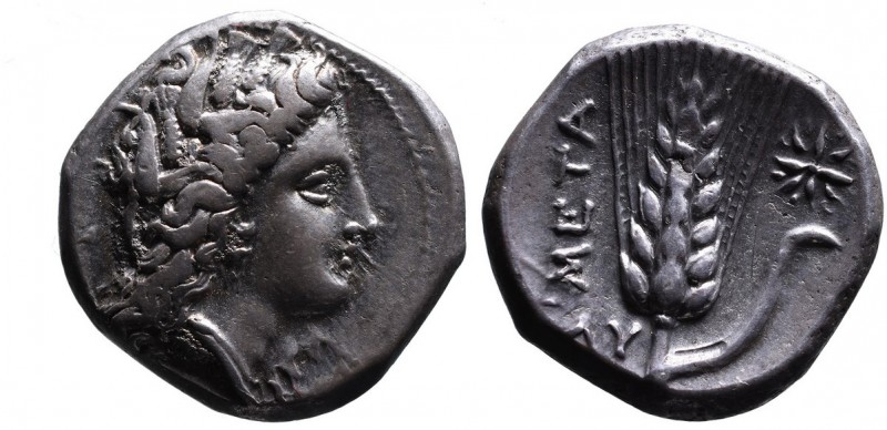 Lucania, Metapontum, ca. 330-290 BC.
Head of Demeter wearing wreath of corn righ...