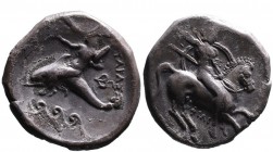 Calabria, Tarentum, Magistrate Fili-, ca. 290-281 BC.
Nude warrior with spear, shield and two javelins riding horseback right, below horse _I_I;
Taras...