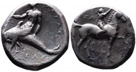 Calabria, Tarentum, Magistrates Arethon-, Sa- and Cas-, ca. 302-280 BC.
Nude youth on the horse walking right, crowning horse's head, above _A, below ...