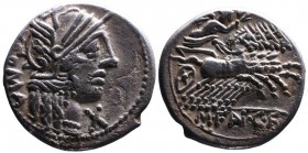 M. Fannius C.f., Rome Mint, 123 BC.
Helmeted head of Roma right, behind ROMA, below chin X;
Victoria holding wreath, driving galloping quadriga right,...