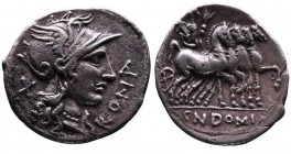 Cn. Domitius Ahenobarbus, Rome Mint, 116/115 BC.
Helmeted head of Roma right, behind X, in front ROMA;
Jupiter holding thunderbolt and branch, driving...