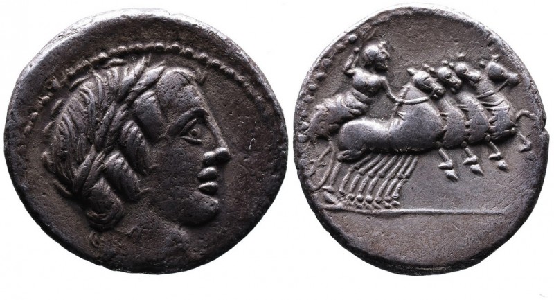 Anonymous, Rome Mint, 86 BC.
Head of Apollo in oak wreath right, beneath thunder...