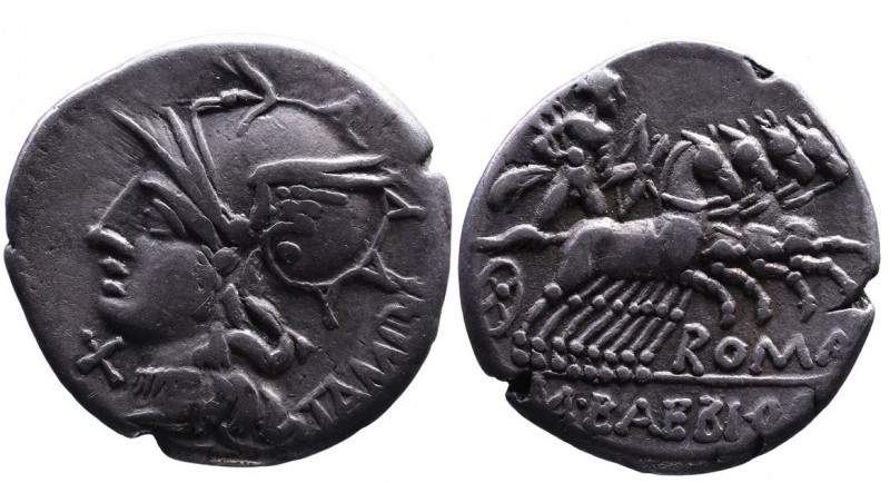 M. Baebius Q.f. Tampilus, Rome Mint, 137 BC.
Helmeted head of Roma wearing neckl...